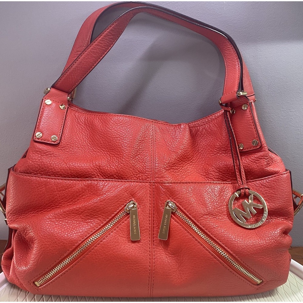 Michael Kors Womens Leather Bag purse Red‎ Orange&Gold Lined Pockets MK Charm